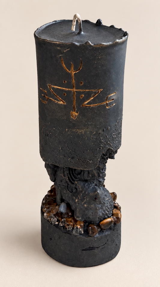 Schwarze Hekate Ritualkerze mit Symbol auf Kerzenhalter